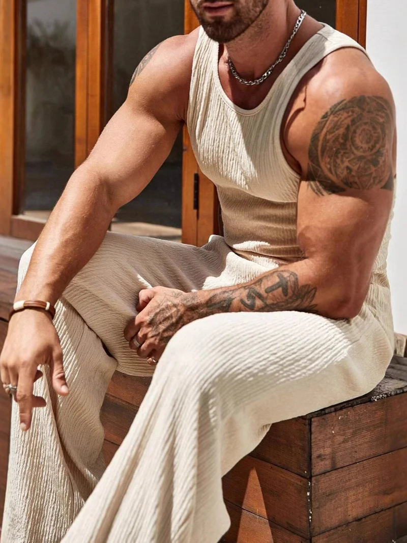 

Men's Fitn Casual Elastic Vest Set Summer American Sle Pure Color Spor Men's Trendy Long Pants Polyester Fiber