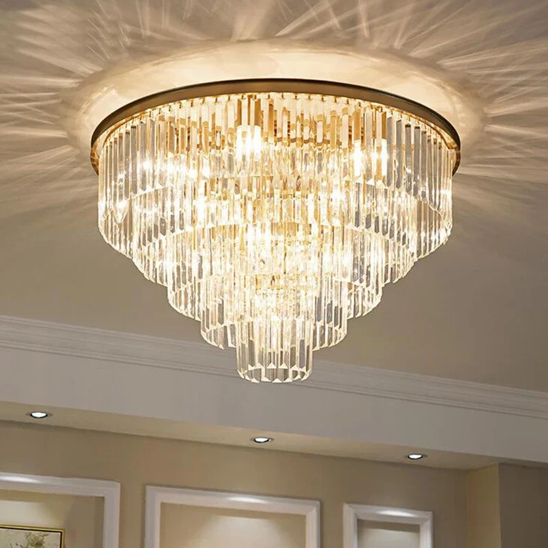 

American Retro Luxury Crystal Chandelier Pendant Lamp LED Round Foyer Living Dining Room Rustaurant Crystal Hanging Ceiling Lamp