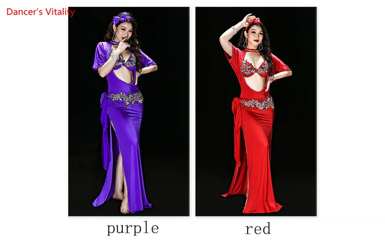Ropa de rendimiento folclórico de danza del vientre para mujer, sujetador, bata, diadema, cinturón y calzoncillos, traje de baile, 4 piezas, nuevo