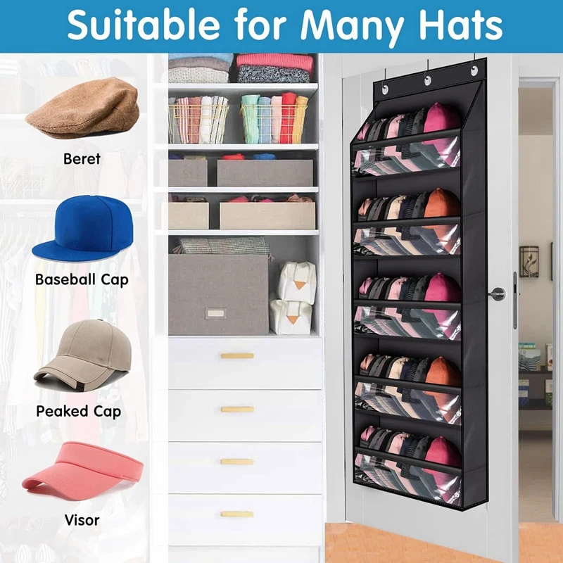 Over Door Hat Racks For Baseball Caps Clear Deep Pockets Hat Organizer For Closet Or Wall With 3 Hooks Caps Display