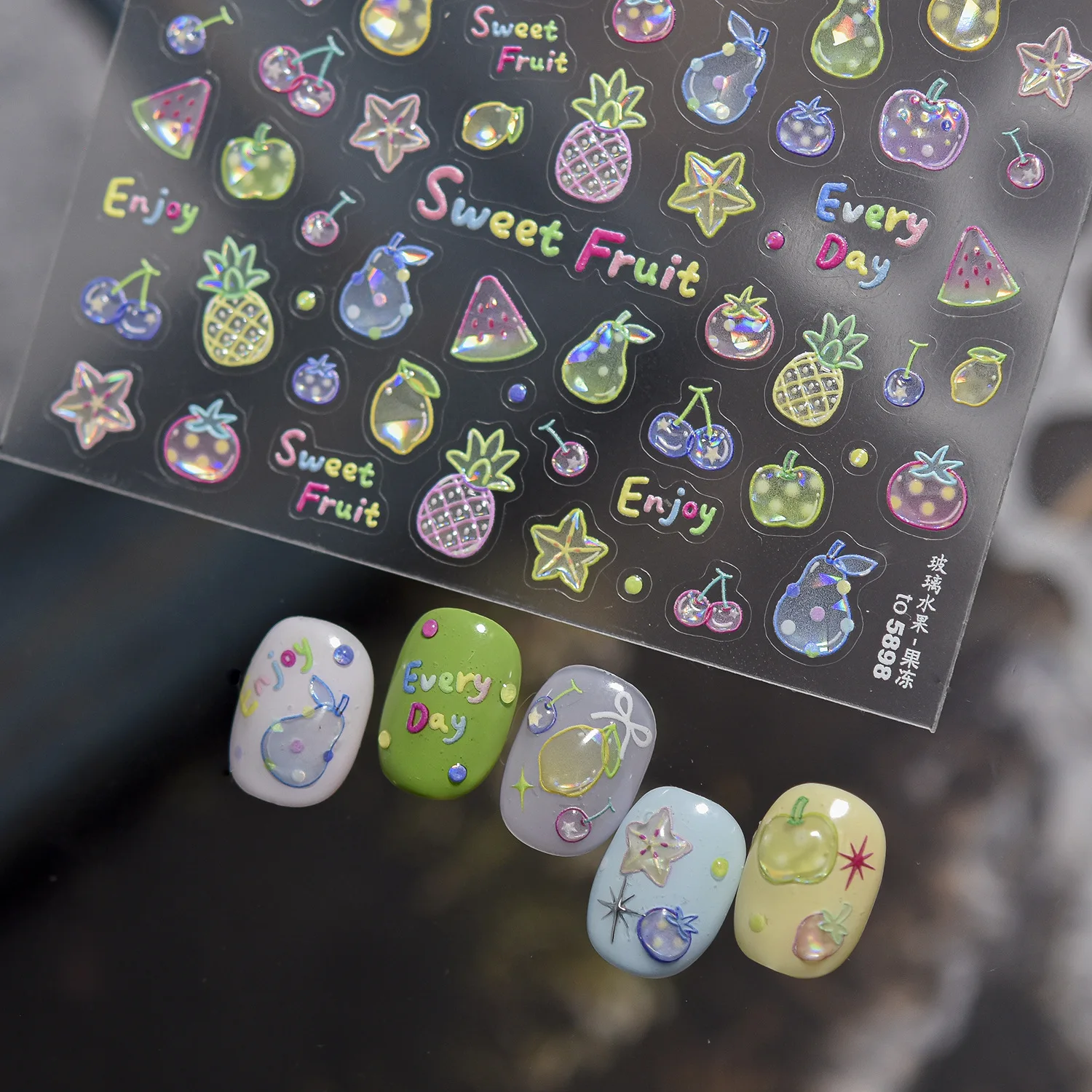Summer Fruits Nail Stickers 5D Pear Apple Lemon Carambola Blueberry Self Adhesive Nail Charms Art Stickers Manicure Decals DIY