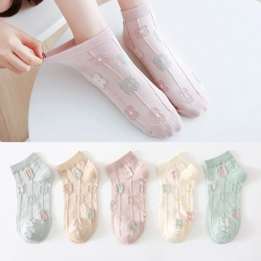 

5 Pairs Pack Versatile Low Cut Short Socks Woman Cotton Fresh Macaron Floral College Style Women's Boat Socks