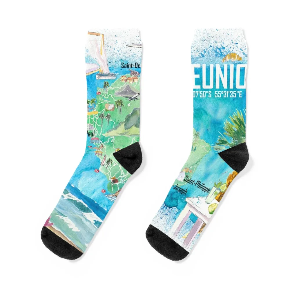

La Reunion Illustrated Island Travel Map with Tourist Highlights Socks shoes compression christmas stocking Man Socks Women's