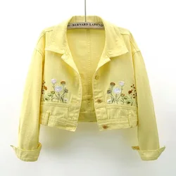 Spring Autumn Floral Embroidery Long Sleeve Denim Coat Women Crop Jackets Vintage Bomber Jacket Short Jacket Design Tops Chic