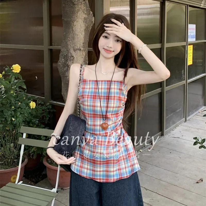 

Grid Waist-cinching Halter Top 2025 Summer New Style Slimming and Elegant Tank Top with a Unique Design for Women