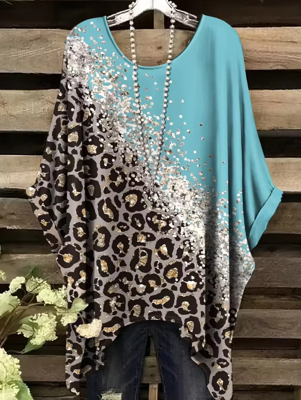 

Women's T-Shirts Leopard Print Gradient Print Elegant Irregular Hem O-Neck Short Sleeve T-Shirt Top Vacation Style Women Clothes