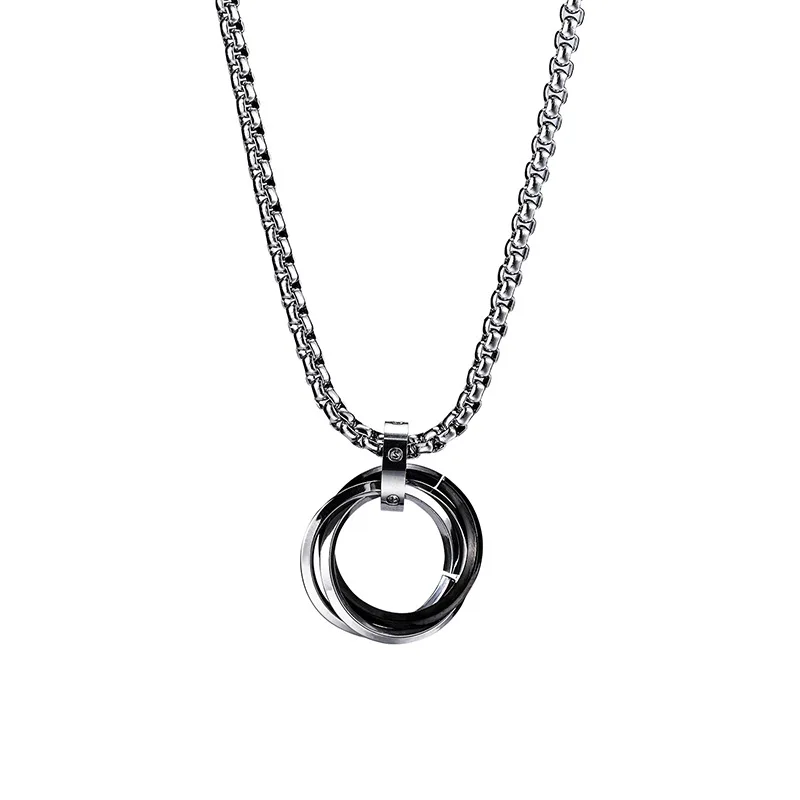 Mens Hip Hop Three Circles Pendent Necklace Keel Chain Retro Punk Fashion Couple Stainless Steel Necklace Jewelry Gifts 2023