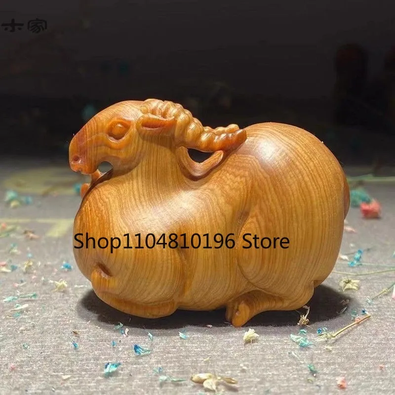 7cm Cliff Cypress Wood Carved Zodiac Sheep Figurine Money Decor