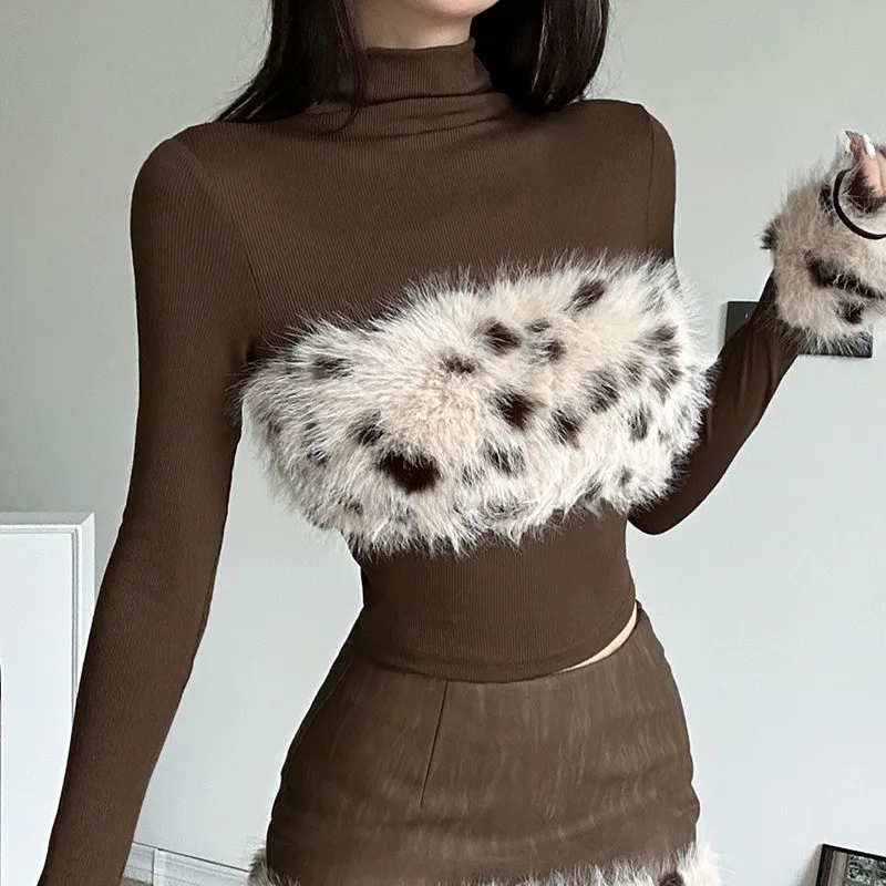 Autumn and Winter Temperament Splicing Leopard Print High Neck Long Sleeved T-shirt Slim Fit Short Style Slimming Bottom Top - Image 4