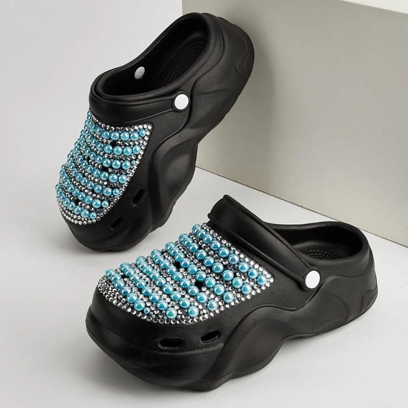 New Thick-soled Handmade Rhinestone Hole Shoes Fashionable Diamond-encrusted EVA Cool Slippers Summer Non-slip Heightening Shoes