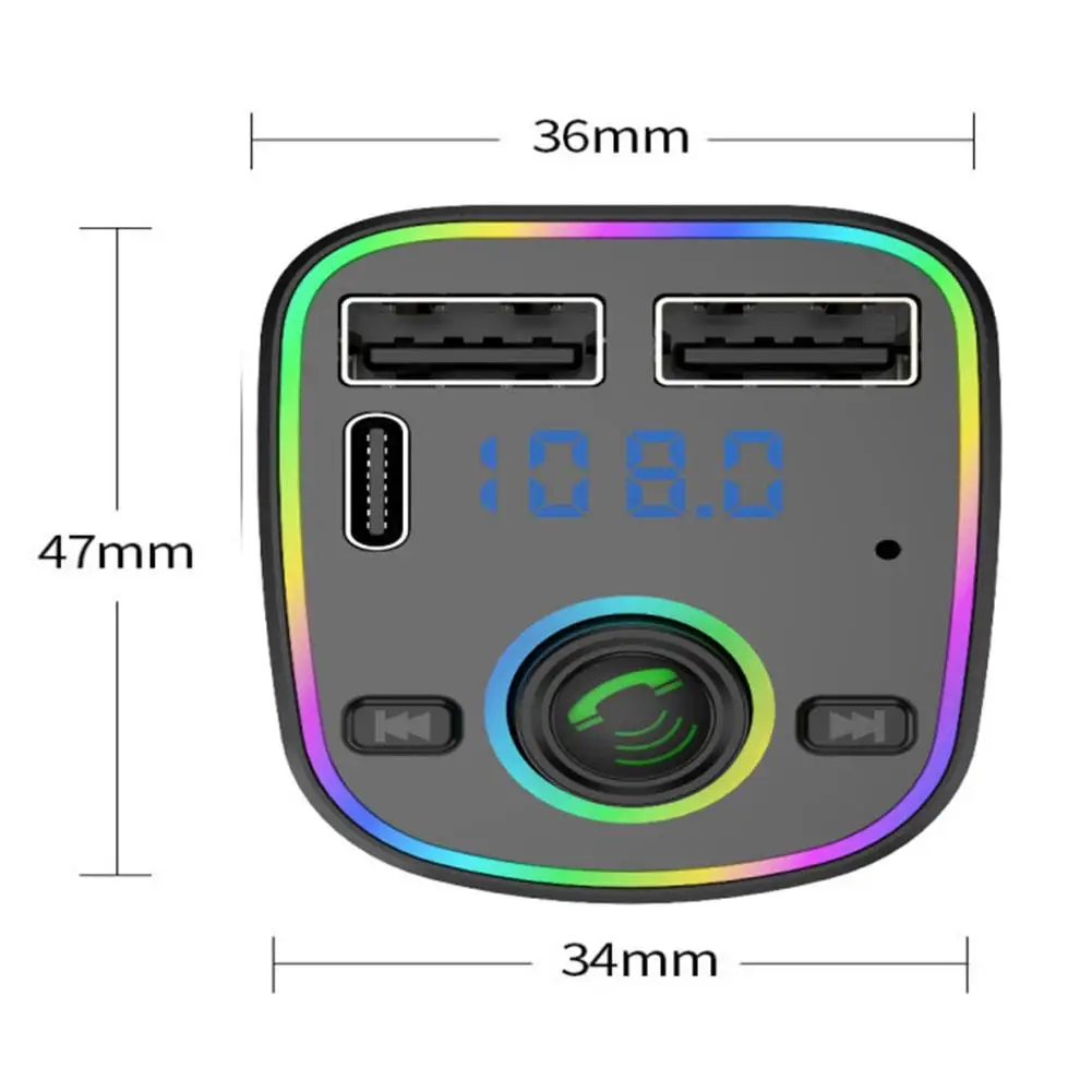 Car Bluetooth 5.0 FM Transmitter PD Type-C Dual USB 3.1A Fast Charger Colorful Ambient Light Handsfree MP3 Modulator Player