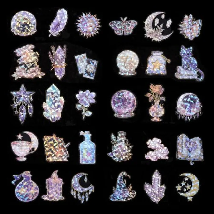 

30 шт. прозрачных голографических наклеек с золотой фольгой в стиле ведьминой магии для дневников, скрапбукинга, водонепроницаемые ПЭТ-наклейки для творчества в загадочном стиле