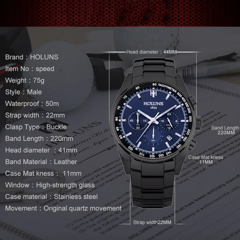 Holuns 50m Waterproof Full Steel Men Fashion Chronograph Quartz Watch Sports Military Wrist Watches Relogio Masculino