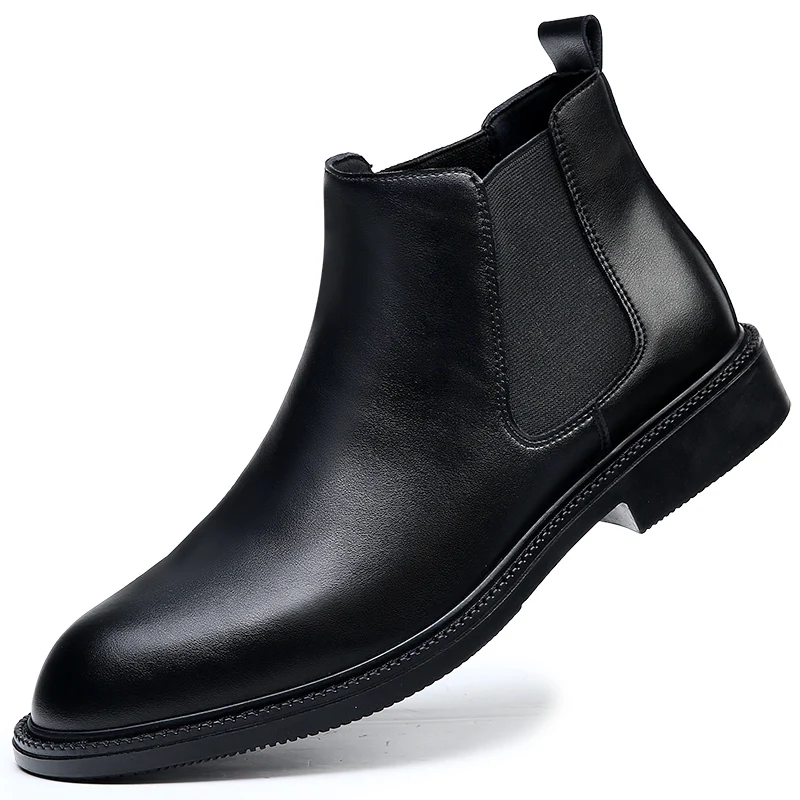 Autumn Black Business Formal Chelsea Men Boots Low Heel Pointed British Style Fashion Short Boots Wedding High Top Leather Shoes