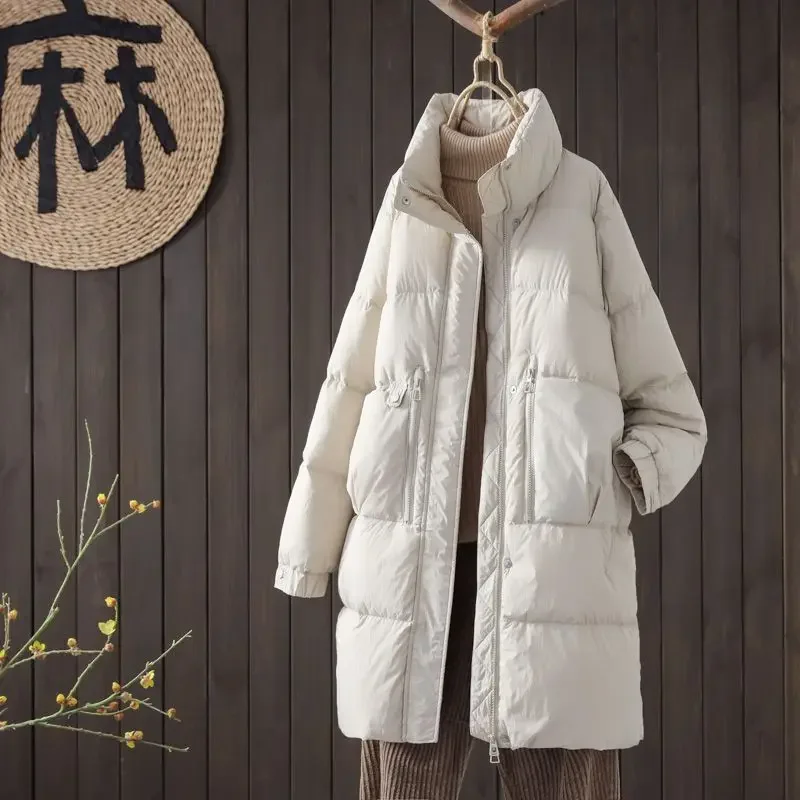 Zimowa europejska moda damska kurtka puchowa wiatroodporna ze stójką ciepła kurtka z białego puchu kaczego