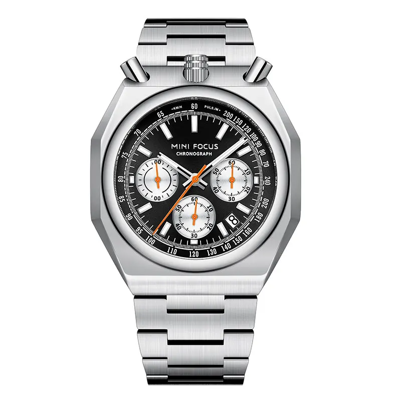 MINI FOCUS Chronograph Quartz Watch for Men Fashion Waterproof Luminous Wristwatch with Calendar Stainless Steel Strap 0601