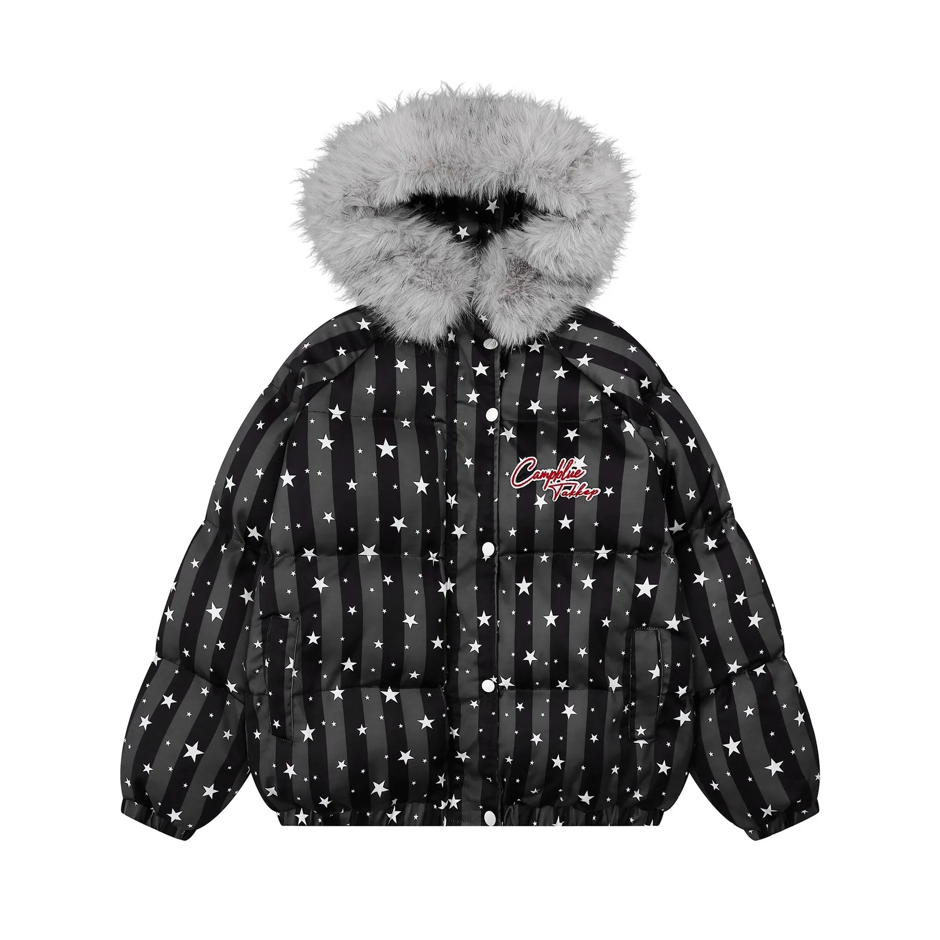 Women's Black White Star Fur Collar Hooded Cotton Jacket Bread Coat Thick Y2K Harajuku High Street Fashion Gothic Retro Winter