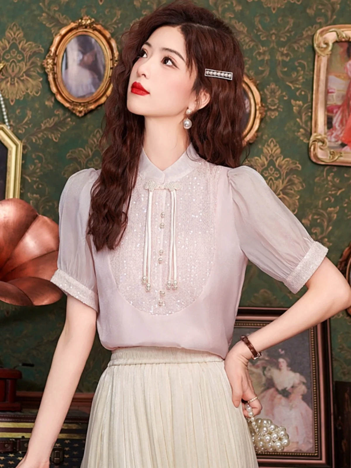 

Ele Chinese Embroidered irt Women's ort Sve Summer High-End Chiffon Blouse with Tails Skirt Commute Sle