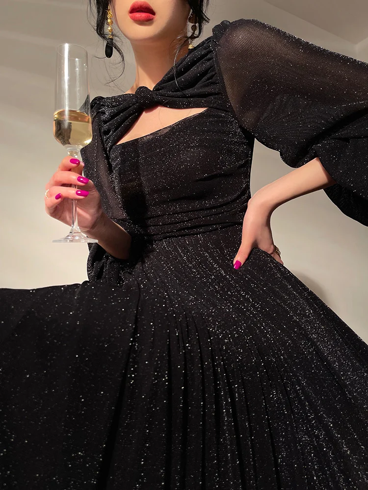 DEAT French Elegant Bright Silk Dress Long Sleeve High Waist Hollow Out Women's Evening Dresses 2024 Spring New Fashion 3WQ3048