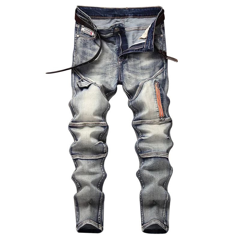 

Y2K Jeans Men's Slim Elastic Vintage Washed Denim Pants Zipper Splicing Fashion Hip-hop Rock Motorcycle Trousers Streetwear