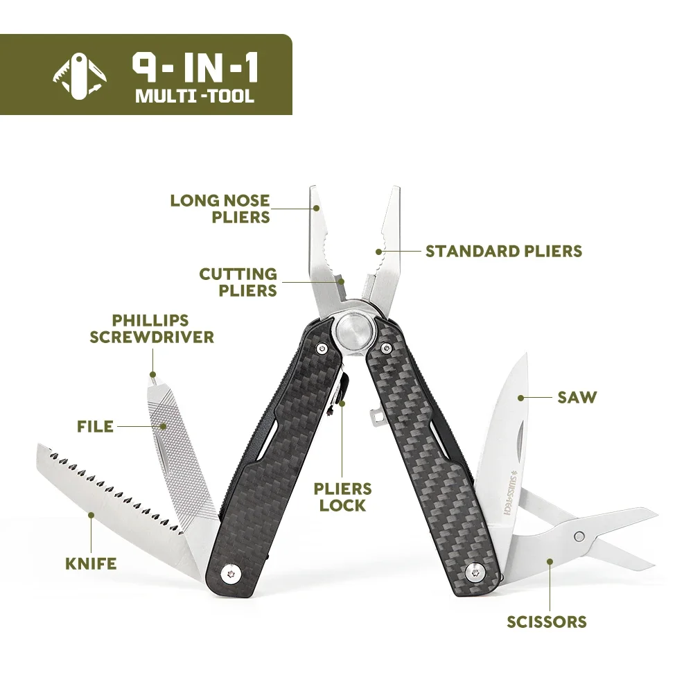 Swiss Tech 9-in-1 カーボンファイバー ハンドツール、アウトドア サバイバル & キャンプ用品用折りたたみ式コンパクト マルチツール、EDC エッセンシャル プライヤー