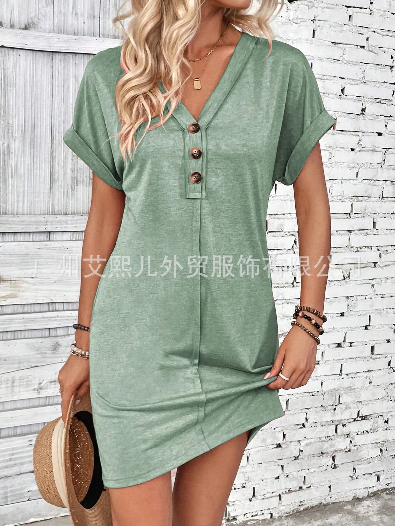 Ladies Midi Dresses 2024 Summer Women's Fashion Button V-neck Raglan Rollup Sleeves Green Dress Vestidos Mujer Vestido Preto