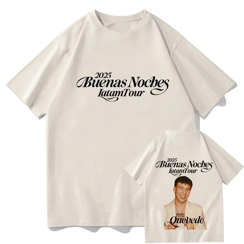 Quevedo Buenas Noches Tour 2025 rapero nueva camiseta de cuello redondo Casual transpirable patrón de rayas cuatro estaciones moda de los hombres