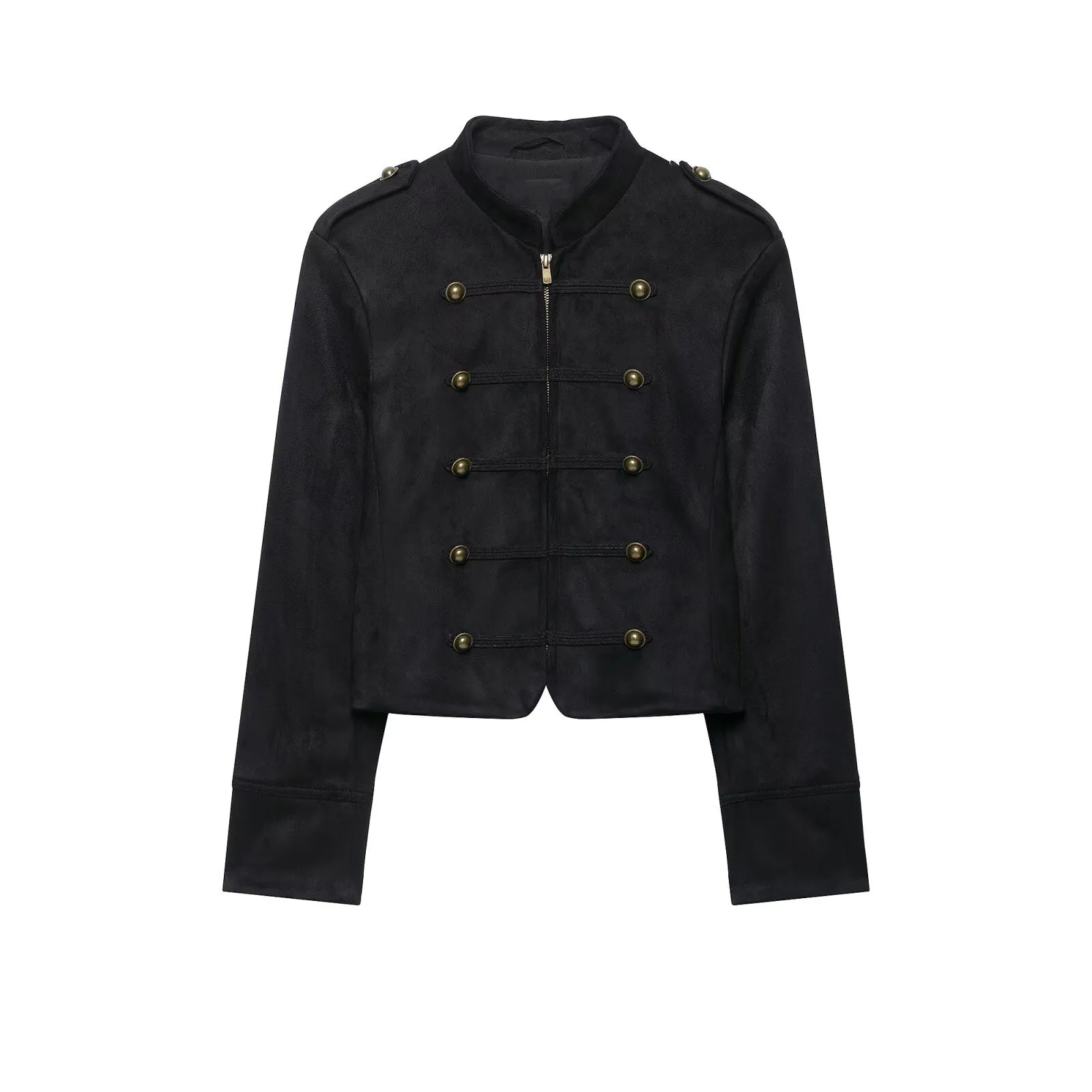 Women's Suede Texture Effect Jacket  Autumn New High Neck Long Sleeve Zipper Button Decoration Casual Jacket Outwear