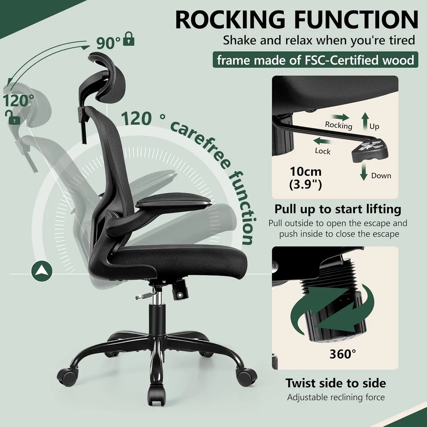 Office Chair Ergonomic Desk Chair with Headrest, High Back Computer Chair with Adjustable Lumbar Support and Wheels,Executive Sw