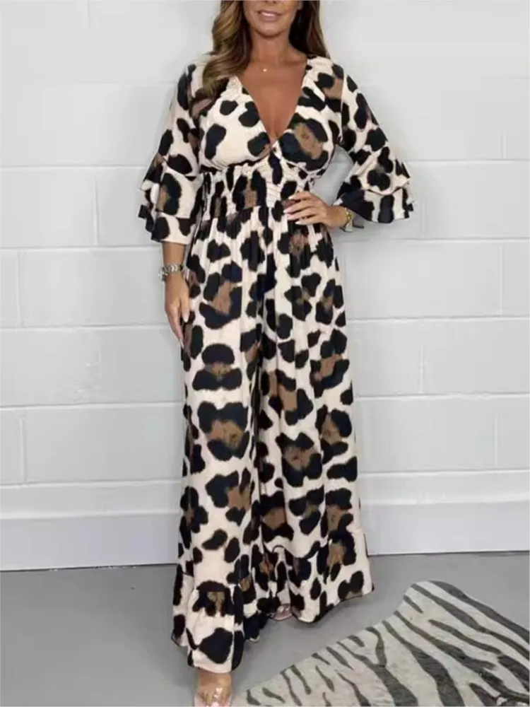 Women Wide-leg Jumpsuit Leopard Print Wide Leg Jumpsuit For Women Stylish V Neck Mid Sleeve Ruffle Patchwork Design For Commute