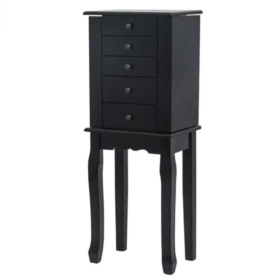 Standing Jewelry Armoire with Mirror 5 Drawers 6 Necklace Hooks Jewelry Cabinet Chest with Top Storage Organizer 2 Side Swing D
