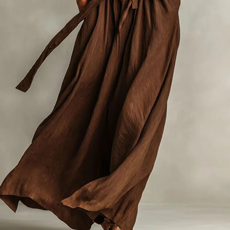 เดรสยาวลำลองสไตล์โบฮีเมียน แขนยาว คอทรงโอ มีกระเป๋า เอวสูง ผูกโบว์  สำหรับผู้หญิง  ใส่ได้ทั้งฤดูใบไม้ผลิและฤดูใบไม้ร่วง  ดีไซน์เรียบหรู