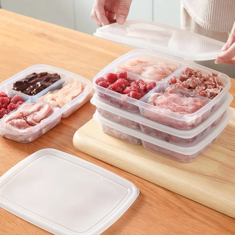 1pc Transparent Four Grid Refrigerator Large Capacity Storage Box Frozen Meat Compartment Food Sub-packed Kitchen Storage Boxes