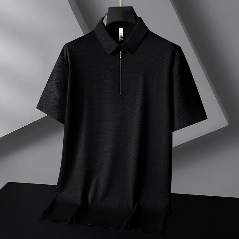Minglu High Elasticity Summer Men's Polo Shirts, Zipper Collar, Short Sleeve Solid Color Classic Casual Tees, Plus Size 8XL
