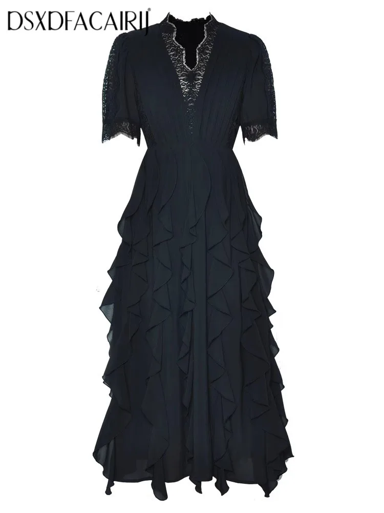 

DSXDFACAIRIJ Women's V-Neck Lace Patchwork Dress Short Sleeve Ruffle Detail Vintage Style Solid Color Summer Fashion Party Dress