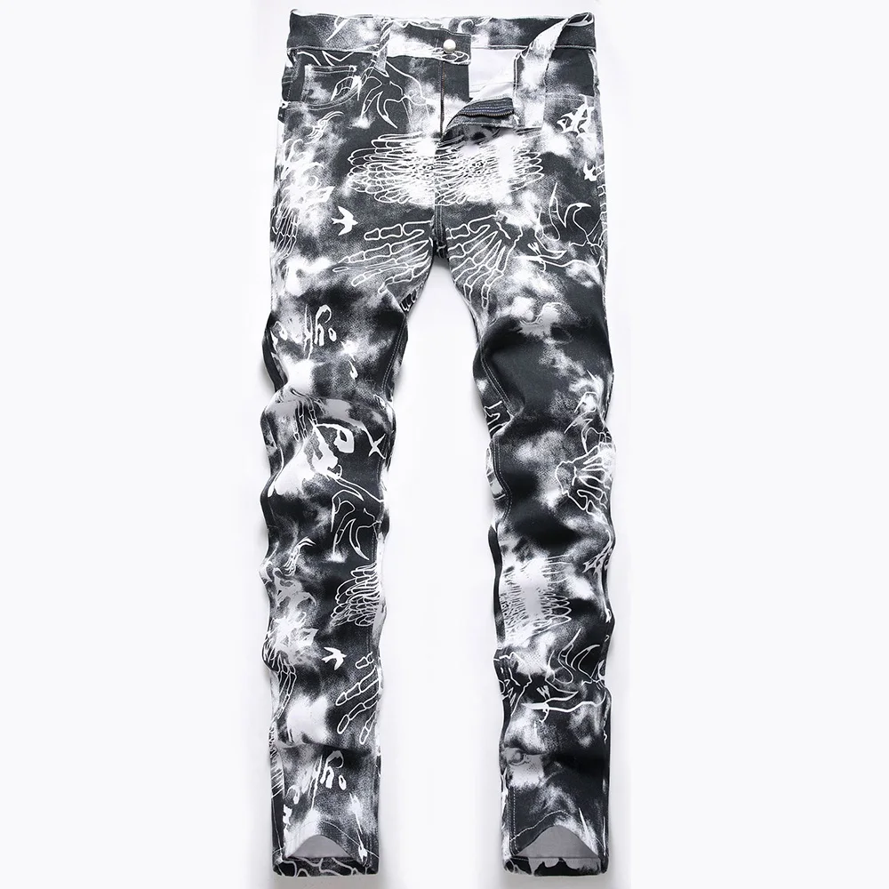 Men Skull Printed Jeans Fashion Devil Hand Pattern Denim Pants Black White Slim Straight Trousers