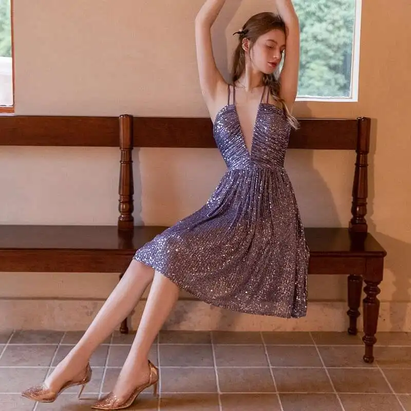 Abendessen, Hochzeit, Party, Pailletten, schmale Passform, 1920er-Kleid, sexy Nachtclub-Hosenträger, Brautjungfern-Minikleid-Host