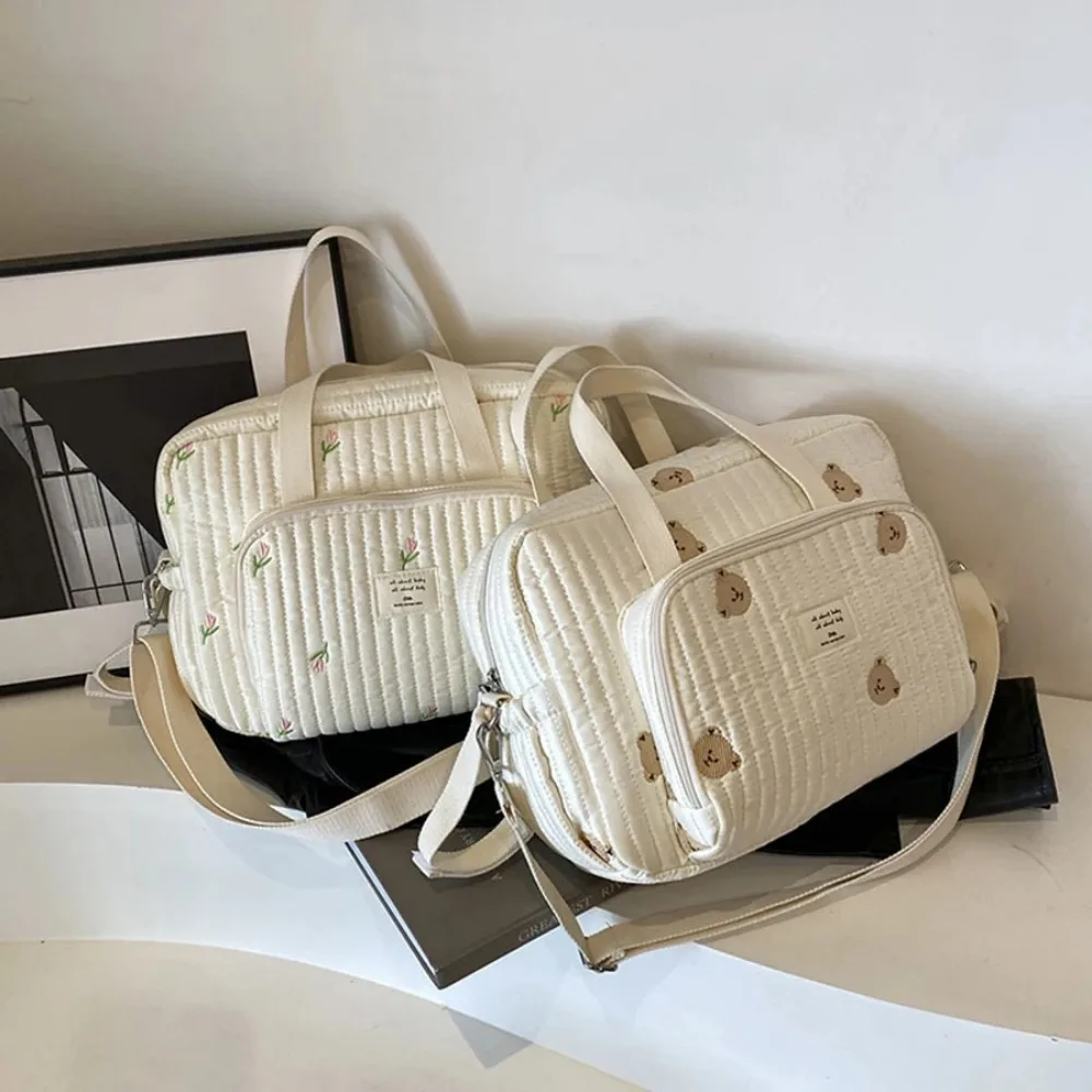 Mommy Diaper Bag Large Capacity Print Embroidery Zipper Handbag Beige Newborn Nappy Pouch Portable Single Shoulder Women's Bag image 3