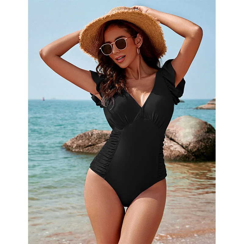 Traje de baño negro de una pieza 2025, traje de baño fruncido con Control de barriga, traje de baño para mujer, traje de baño, ropa de playa, Monokini, trajes de baño para mujer