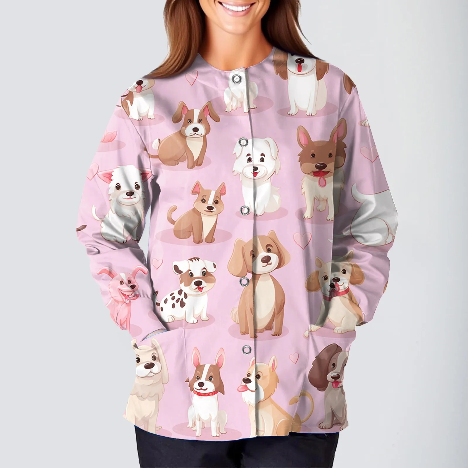 

Women's Casual Fashion Long Sleeve Single Breasted Cute Animal Printed Workwear Jacket Tops Veterinarian Beautician Uniform