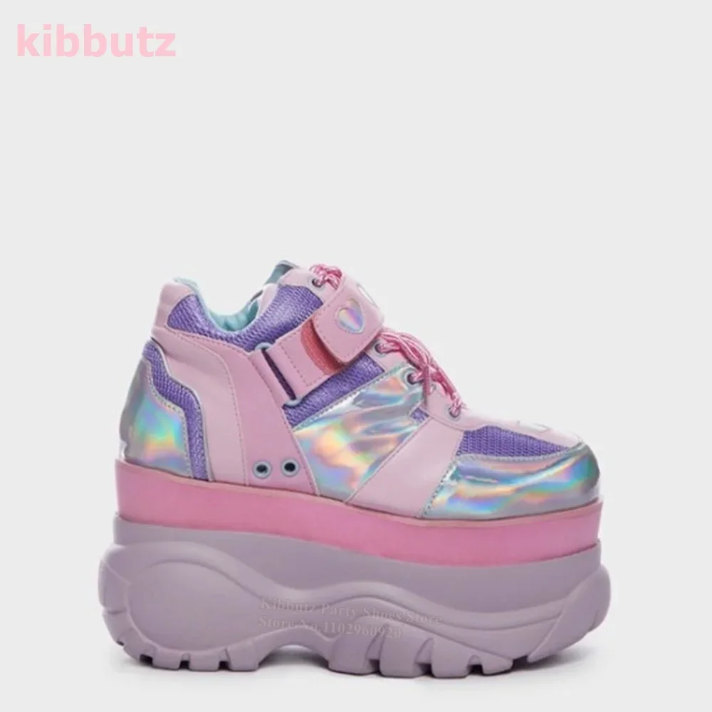Laser Sneakers Mixed Color Platform Height Increasing Pink and Purple Dazzling Color Bling Outside Runway Shoes Comfortable New