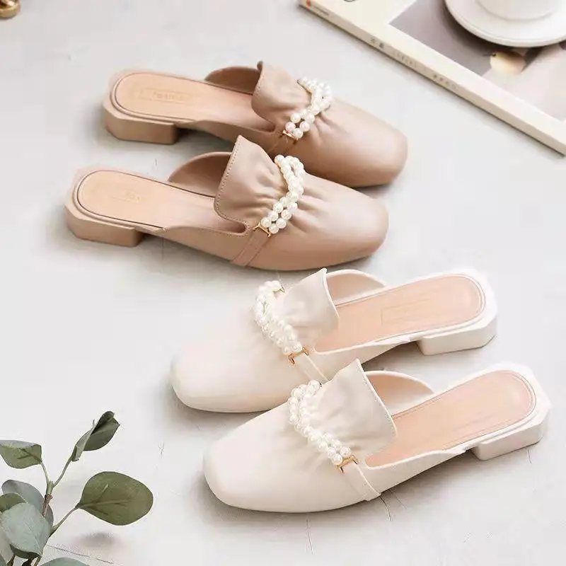 Women Slippers 2024 New Summer Fashion Slip on Flat Soled Cute Casual Outdoor Pearl Toe Square Toe Women Shoes