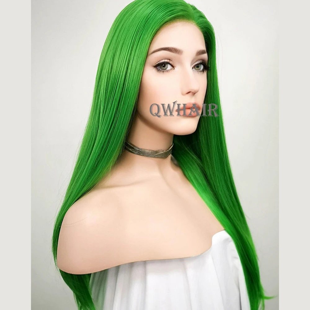 QW Synthetic Hair Bright Green Straight Soft 13X4 Lace Front Wig For Women Hair Heat Resistant Fiber Cosplay  Daily