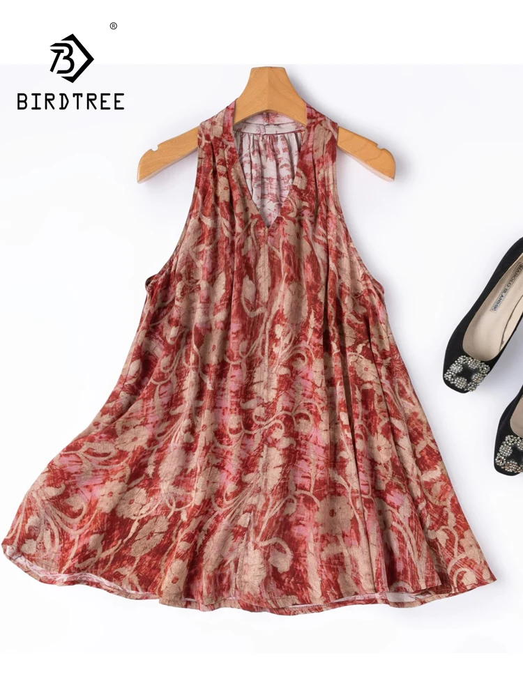 BirdTree-100%Real Silk Double Crepe Elegant Vest, V Neck Printed, Women Vacation Casual Loose Tank Top, 2026 Summer New T67887CC
