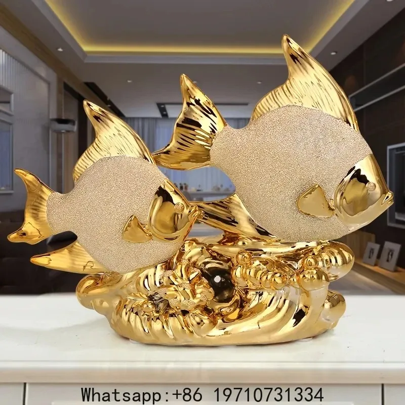 

Wedding Decor Crafts Ceramic Creative Room Decoration Handicraft Gold Couple Fish Porcelain Figurines Decorations