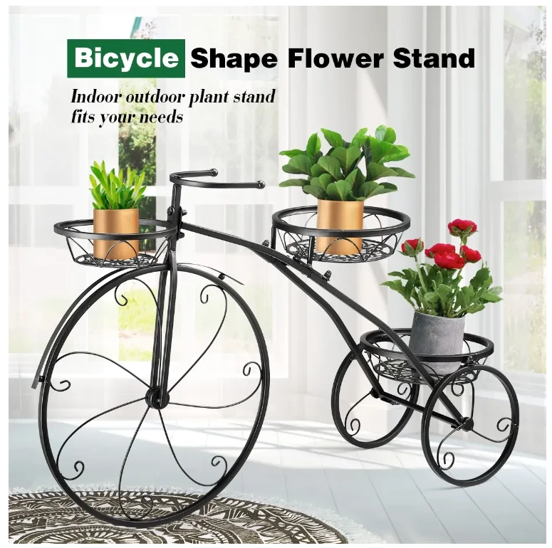 Luxsuite 3-Tier Bicycle Shape Metal Flower Plant Pot Stand Display Rack Black Standing Type Organizer