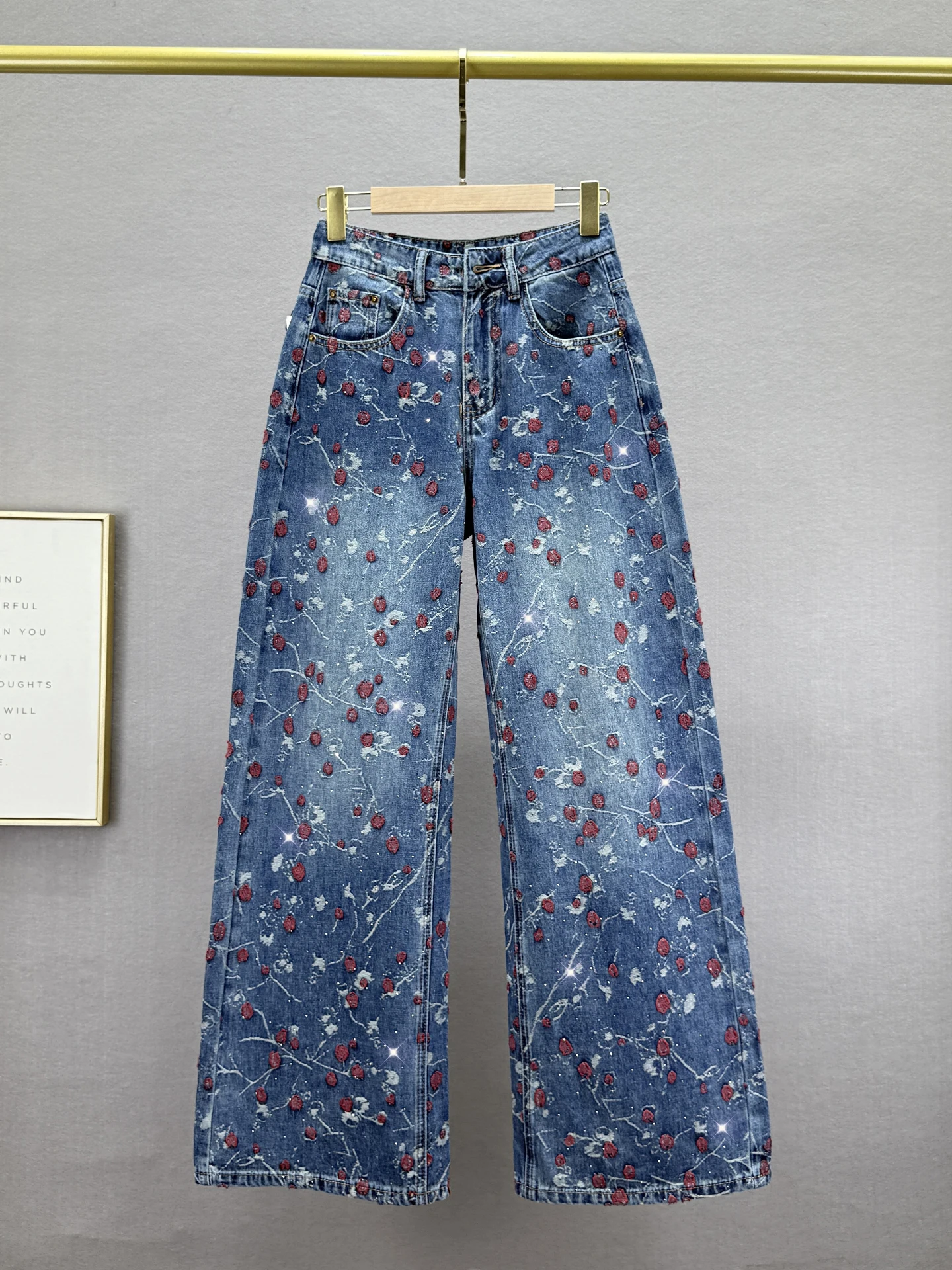 

Женские джинсы с высокой талией, вышивкой и стразами, широкие, свободного кроя, осенняя новинка, в китайском стиле, джинсовые брюки в пол