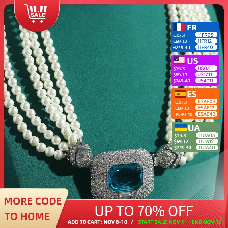 

Vintage Choker Layered Pearl Necklace Woman Beads Sqaure Blue Crystal Pendant Antiquegold Color Wedding Accessories Jewelry