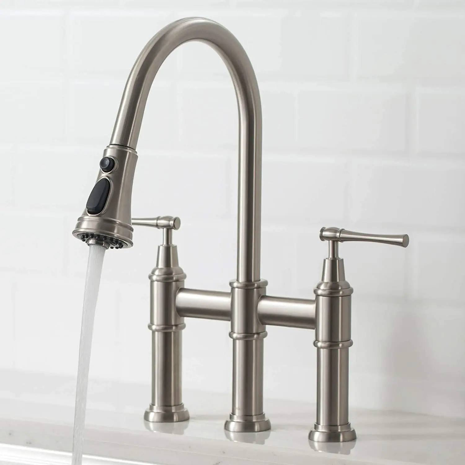 

Transitional Bridge Kitchen Faucet with Pull Down Sprayer,3 Hole 2 Lever Handles Sink Kitchen Faucet,Aerated Stream Spray