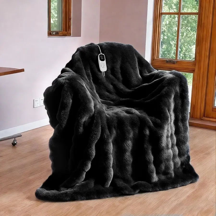 

Electric Heated Blanket Throw 50x60,Luxury Faux Rabbit Fur Heating Throw Blankets,Fast Heating with 1 2 4 6 8 10 Hours,Overheat